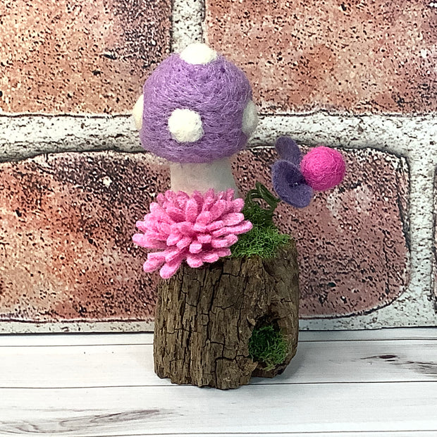 Lavender Mushroom & Flora on Natural Wood Base