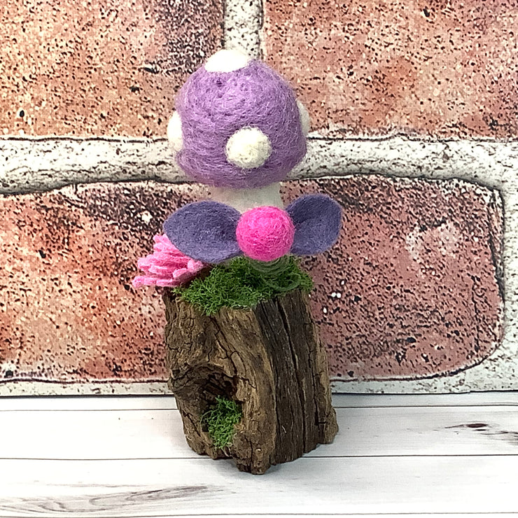 Lavender Mushroom & Flora on Natural Wood Base