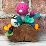 Raspberry Wooly Mushroom, Froggy & Flora on Natural Wood Base