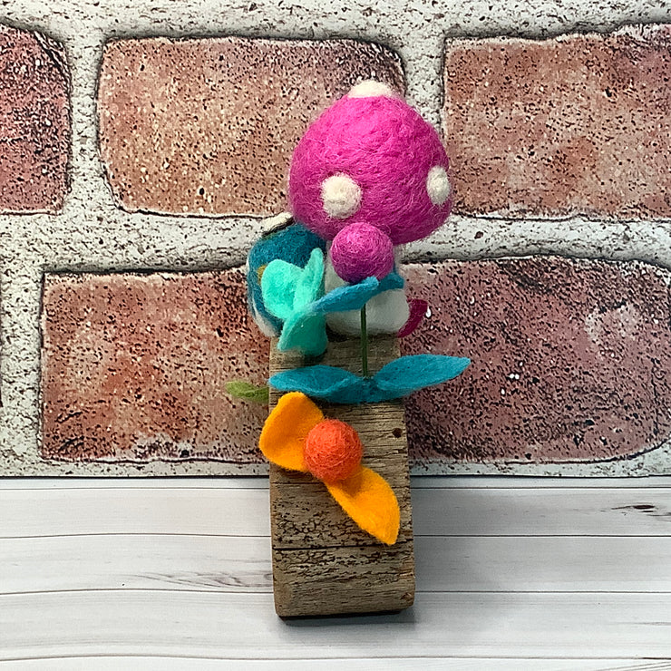 Raspberry Wooly Mushroom, Froggy & Flora on Natural Wood Base