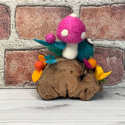 Raspberry Wooly Mushroom, Froggy & Flora on Natural Wood Base