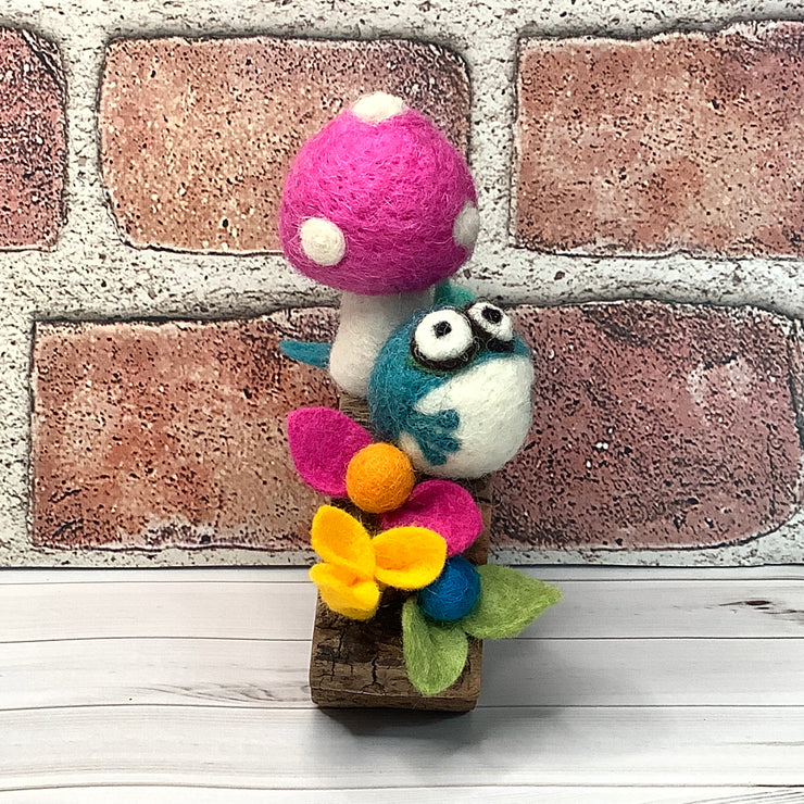 Raspberry Wooly Mushroom, Froggy & Flora on Natural Wood Base