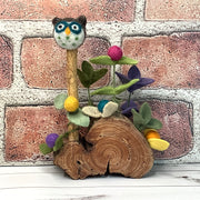 Wooly Owl & Flora on Natural Wood Base