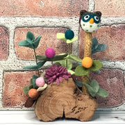 Wooly Owl & Flora on Natural Wood Base