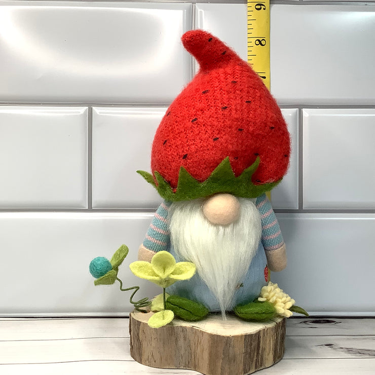 Strawberry Hat Gnome Boy & Flora on Natural Wood Base
