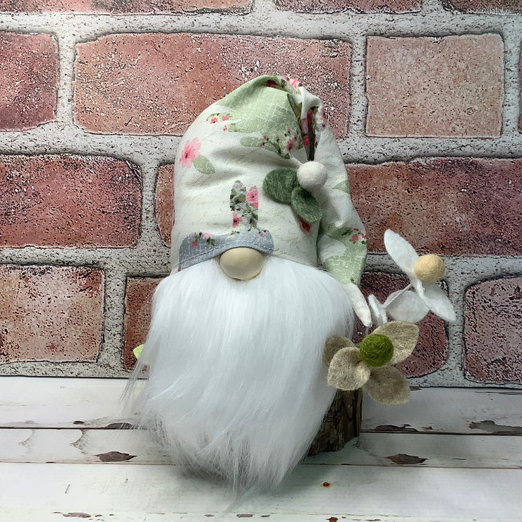 Vintage Bunny Hat Gnome & Flora on Natural Wood Base