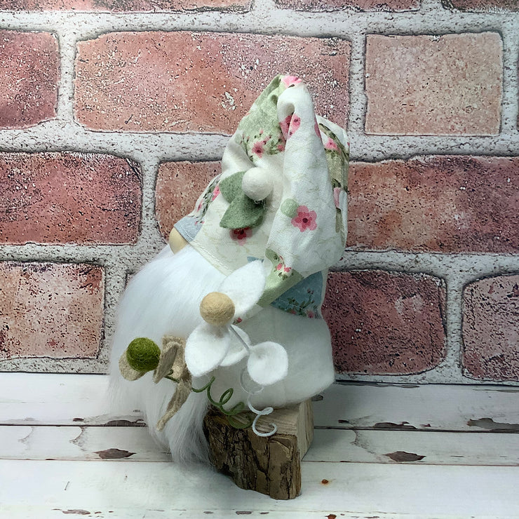 Vintage Bunny Hat Gnome & Flora on Natural Wood Base