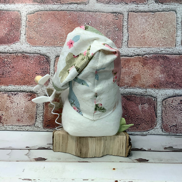 Vintage Bunny Hat Gnome & Flora on Natural Wood Base