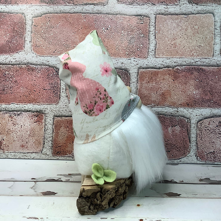 Vintage Bunny Hat Gnome & Flora on Natural Wood Base