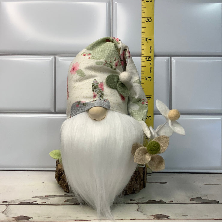 Vintage Bunny Hat Gnome & Flora on Natural Wood Base