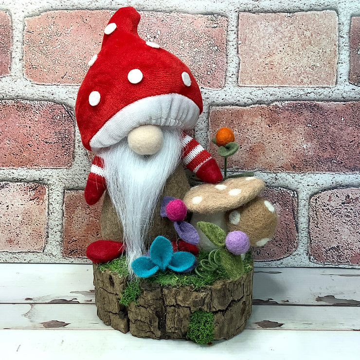 Red Mushroom Gnome & Flora on Natural Wood Base