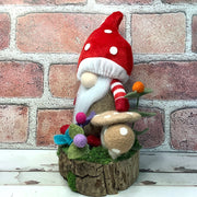 Red Mushroom Gnome & Flora on Natural Wood Base