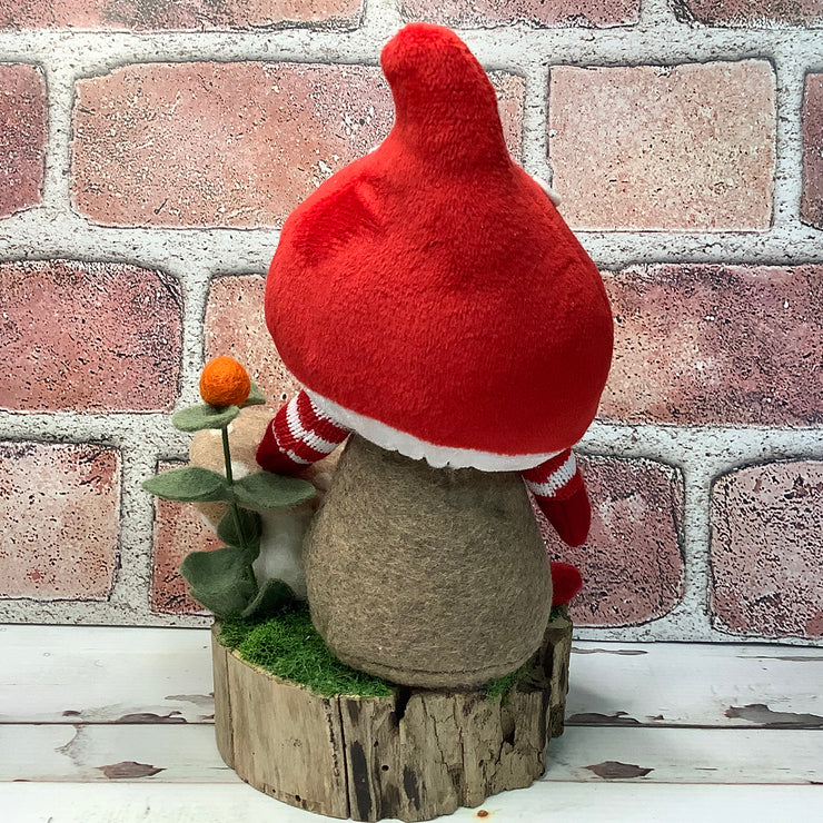 Red Mushroom Gnome & Flora on Natural Wood Base