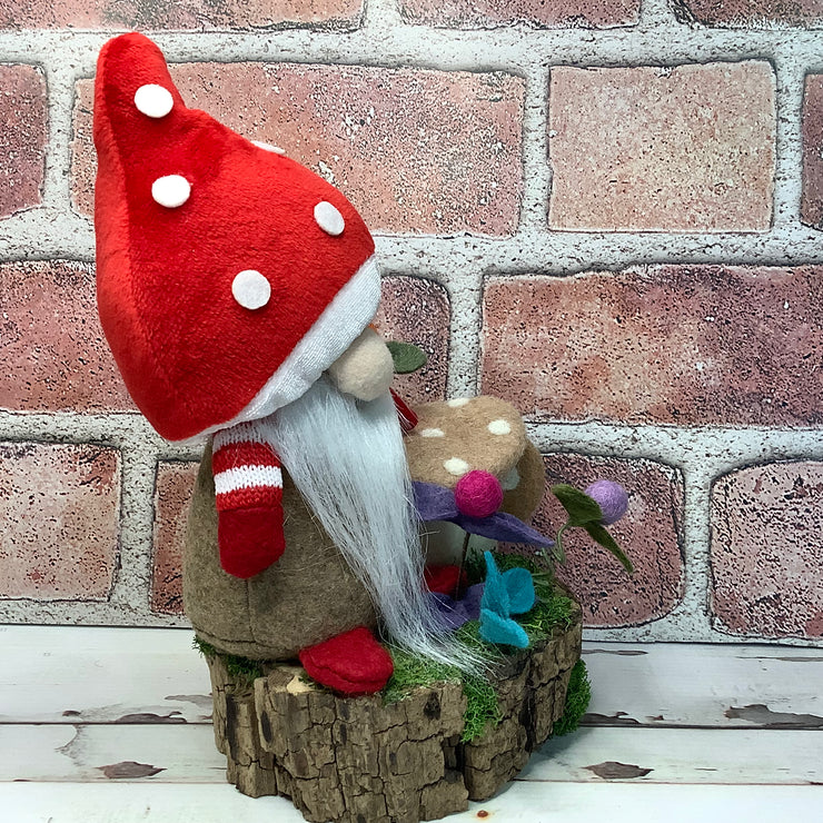 Red Mushroom Gnome & Flora on Natural Wood Base