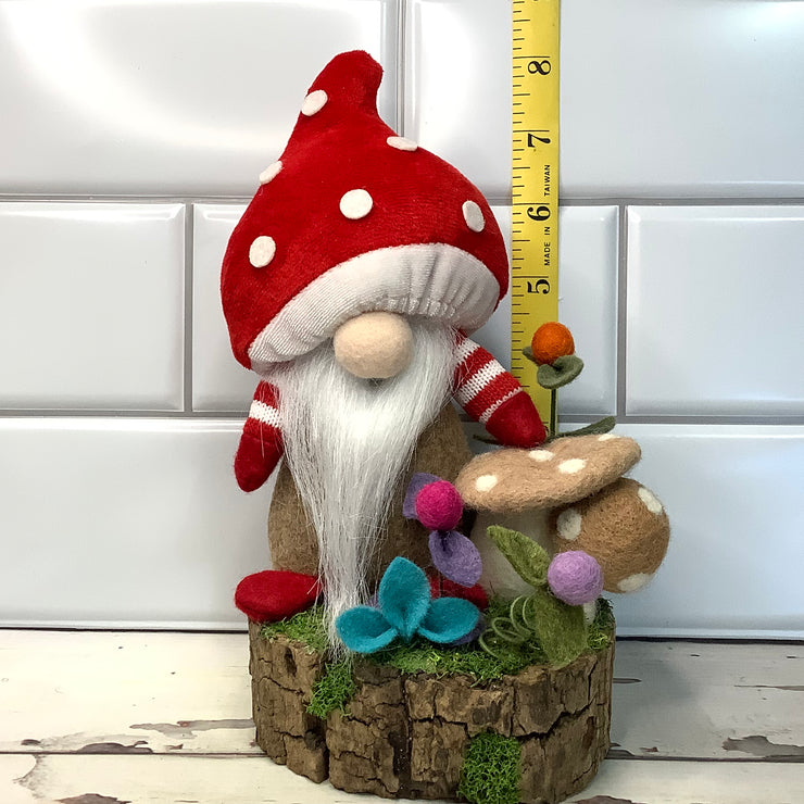 Red Mushroom Gnome & Flora on Natural Wood Base