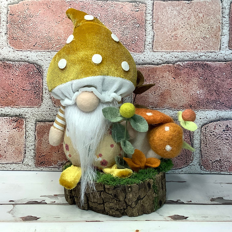 Mustard Mushroom Gnome & Flora on Natural Wood Base