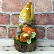 Mustard Mushroom Gnome & Flora on Natural Wood Base