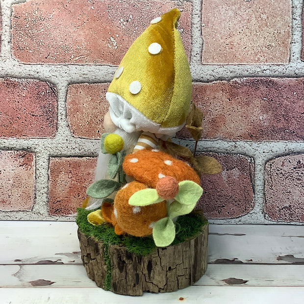 Mustard Mushroom Gnome & Flora on Natural Wood Base