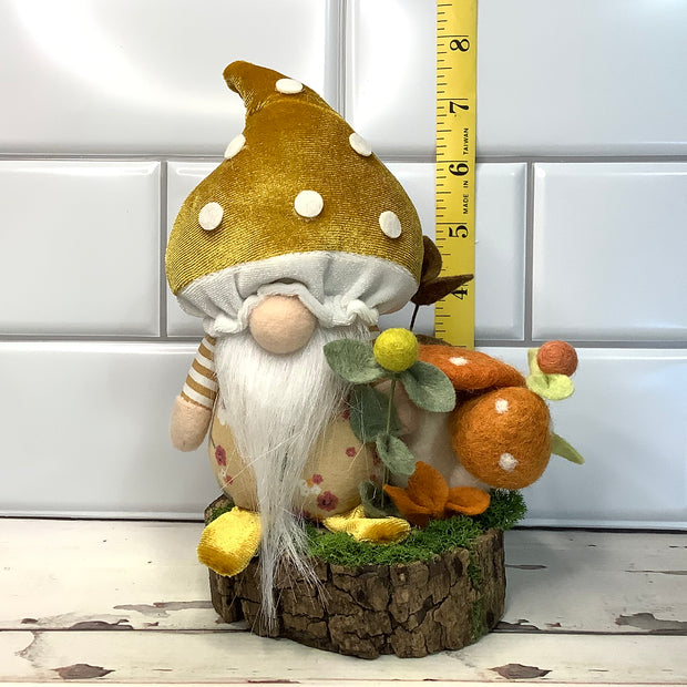 Mustard Mushroom Gnome & Flora on Natural Wood Base