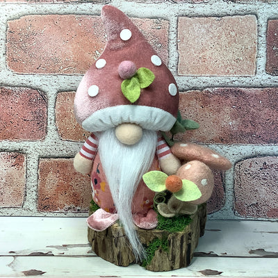 Blush Mushroom Gnome & Flora on Natural Wood Base