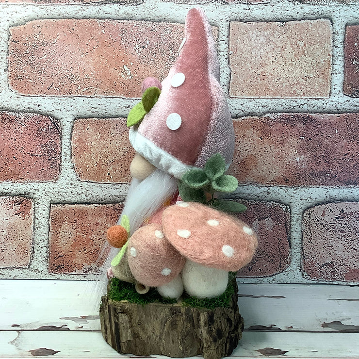 Blush Mushroom Gnome & Flora on Natural Wood Base