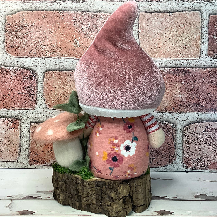 Blush Mushroom Gnome & Flora on Natural Wood Base