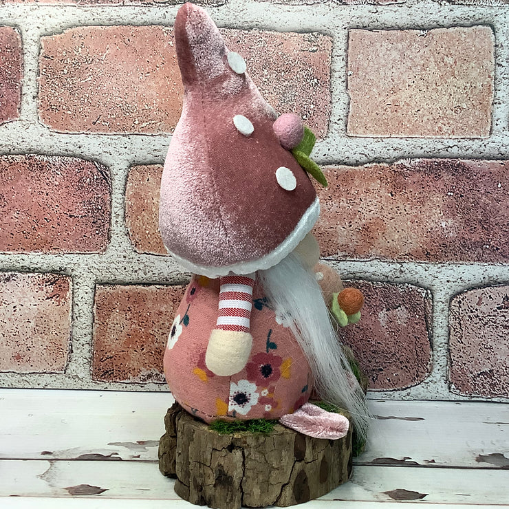 Blush Mushroom Gnome & Flora on Natural Wood Base