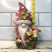 Blush Mushroom Gnome & Flora on Natural Wood Base