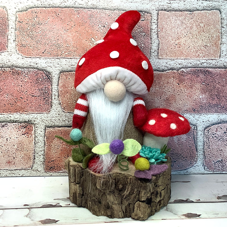 Red Mushroom Gnome & Flora on Natural Wood Base