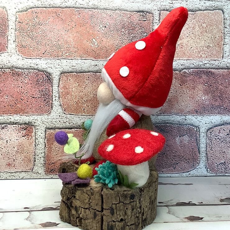 Red Mushroom Gnome & Flora on Natural Wood Base