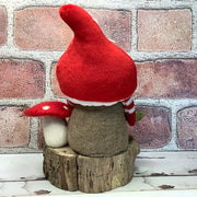 Red Mushroom Gnome & Flora on Natural Wood Base