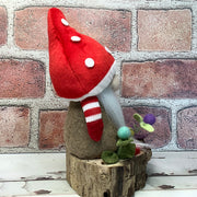 Red Mushroom Gnome & Flora on Natural Wood Base