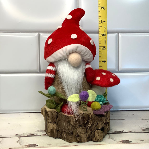 Red Mushroom Gnome & Flora on Natural Wood Base