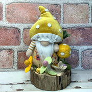 Mustard Mushroom Gnome & Flora on Natural Wood Base