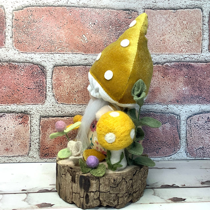 Mustard Mushroom Gnome & Flora on Natural Wood Base