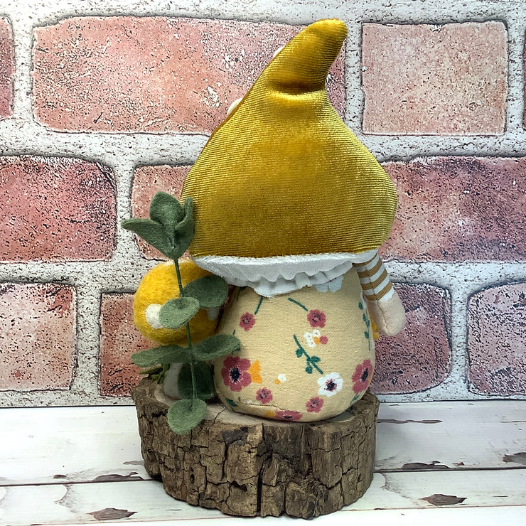 Mustard Mushroom Gnome & Flora on Natural Wood Base