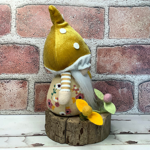 Mustard Mushroom Gnome & Flora on Natural Wood Base