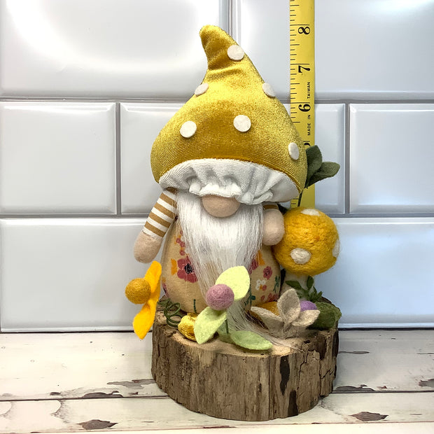 Mustard Mushroom Gnome & Flora on Natural Wood Base