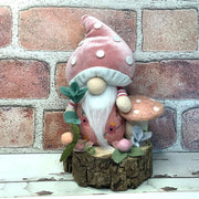 Blush Mushroom Gnome & Flora on Natural Wood Base