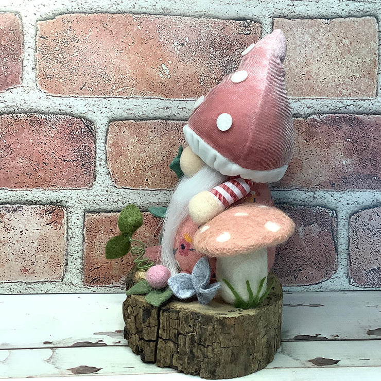 Blush Mushroom Gnome & Flora on Natural Wood Base