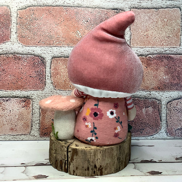 Blush Mushroom Gnome & Flora on Natural Wood Base