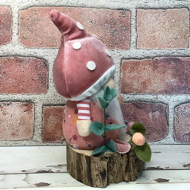 Blush Mushroom Gnome & Flora on Natural Wood Base