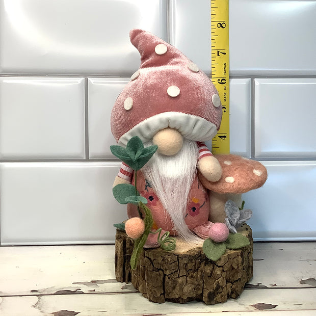 Blush Mushroom Gnome & Flora on Natural Wood Base