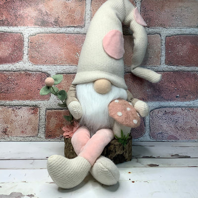 Blush & Cream Gnome, Mushroom & Flora on Natural Wood Base