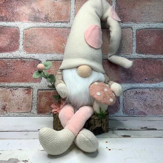 Blush & Cream Gnome, Mushroom & Flora on Natural Wood Base