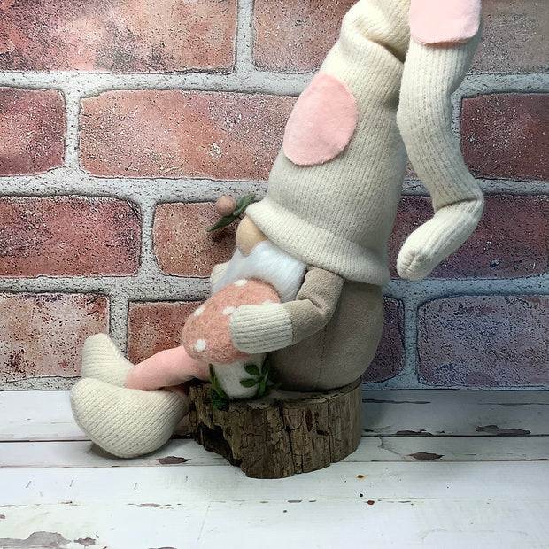 Blush & Cream Gnome, Mushroom & Flora on Natural Wood Base