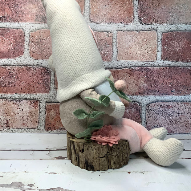 Blush & Cream Gnome, Mushroom & Flora on Natural Wood Base