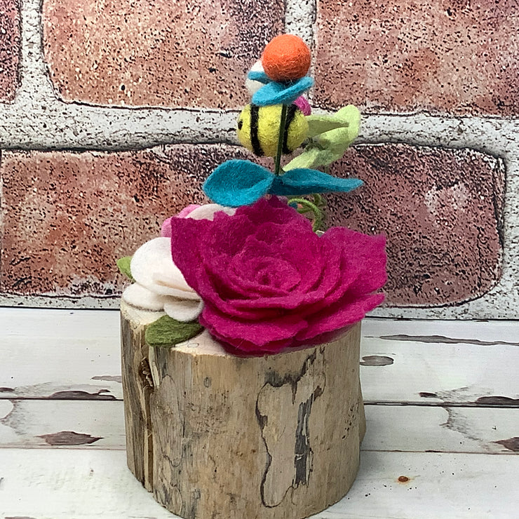 Flower Garden, Bee & flora on Natural Wood Base