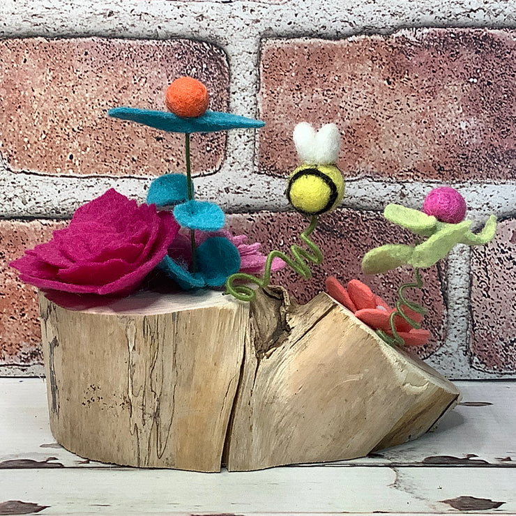 Flower Garden, Bee & flora on Natural Wood Base