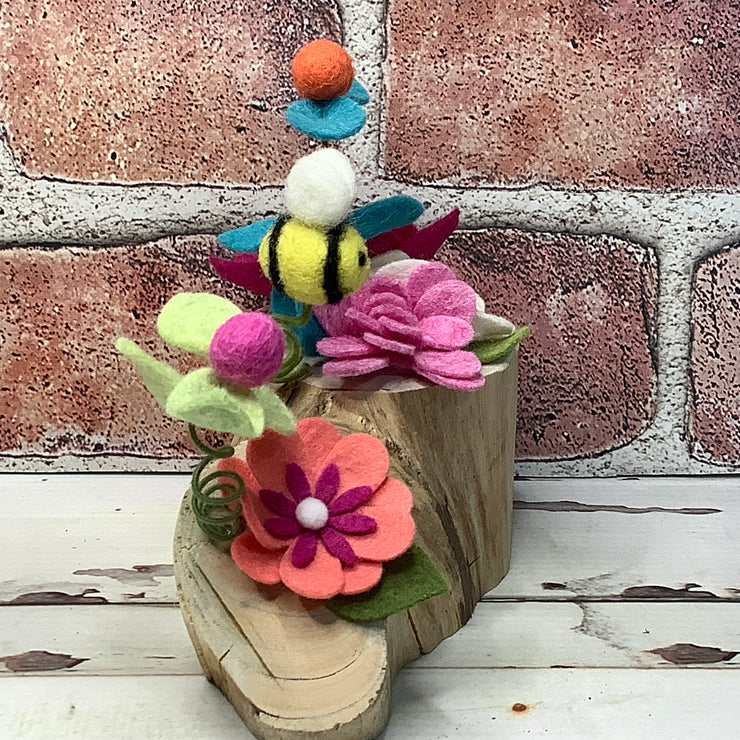 Flower Garden, Bee & flora on Natural Wood Base